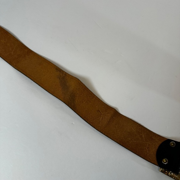 Vintage Genuine Leather Black Belt Gold Statement Buckle Size 36 - Picture 7 of 8